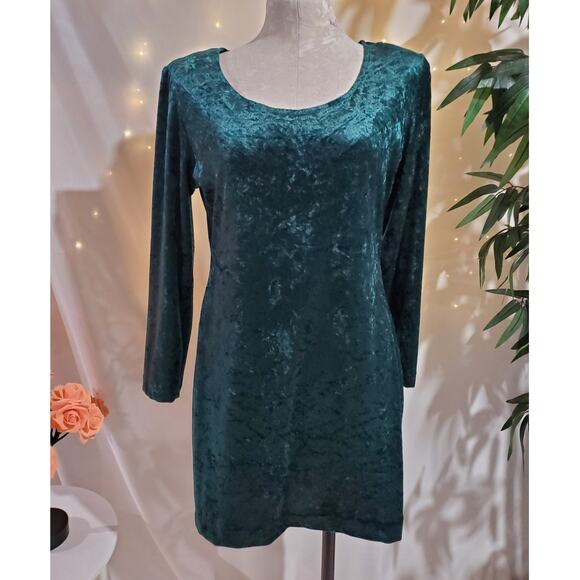 Vtg All That Jazz Crushed Velvet Emerald Green Sheath Dress Size 12P Goth Grunge - Picture 1 of 10